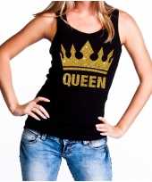 Zwart koningsdag queen t-shirt zonder mouw gouden glitters dames